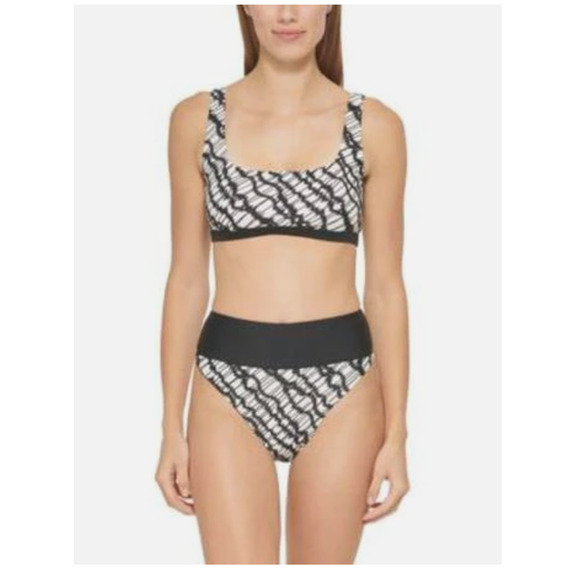 DKNY 2 PC Set Black & White High Waist Swim Bikini Top & Bottom Large / XL NWT - Picture 1 of 9